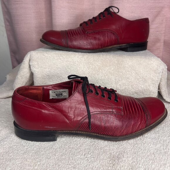 Stacy Adams Men Red Leather Dress Shoes Lizard Cap Toe Oxford Size 11.5D VTG - Picture 3 of 16